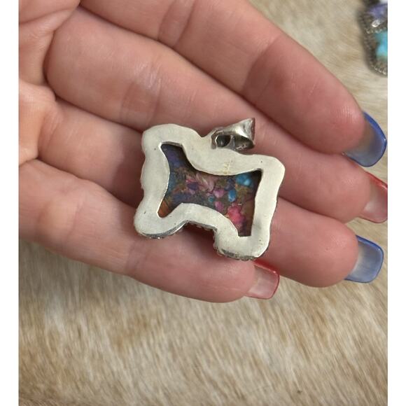 Native American Sterling Silver SW Pink Dahlia Turquoise Cow Sheep Bull Pendant - Picture 4 of 9